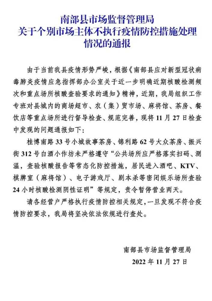 南部茶馆-南部陵江在线不执行防疫措施！南部3家商户被停业整顿南部陵江在线(1)